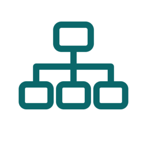 Line icon of a group identity connected to three operating brands