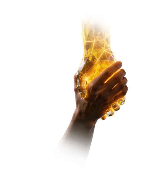 A hand holding a glowing gold, glass-like digital form, from the IronVault profile