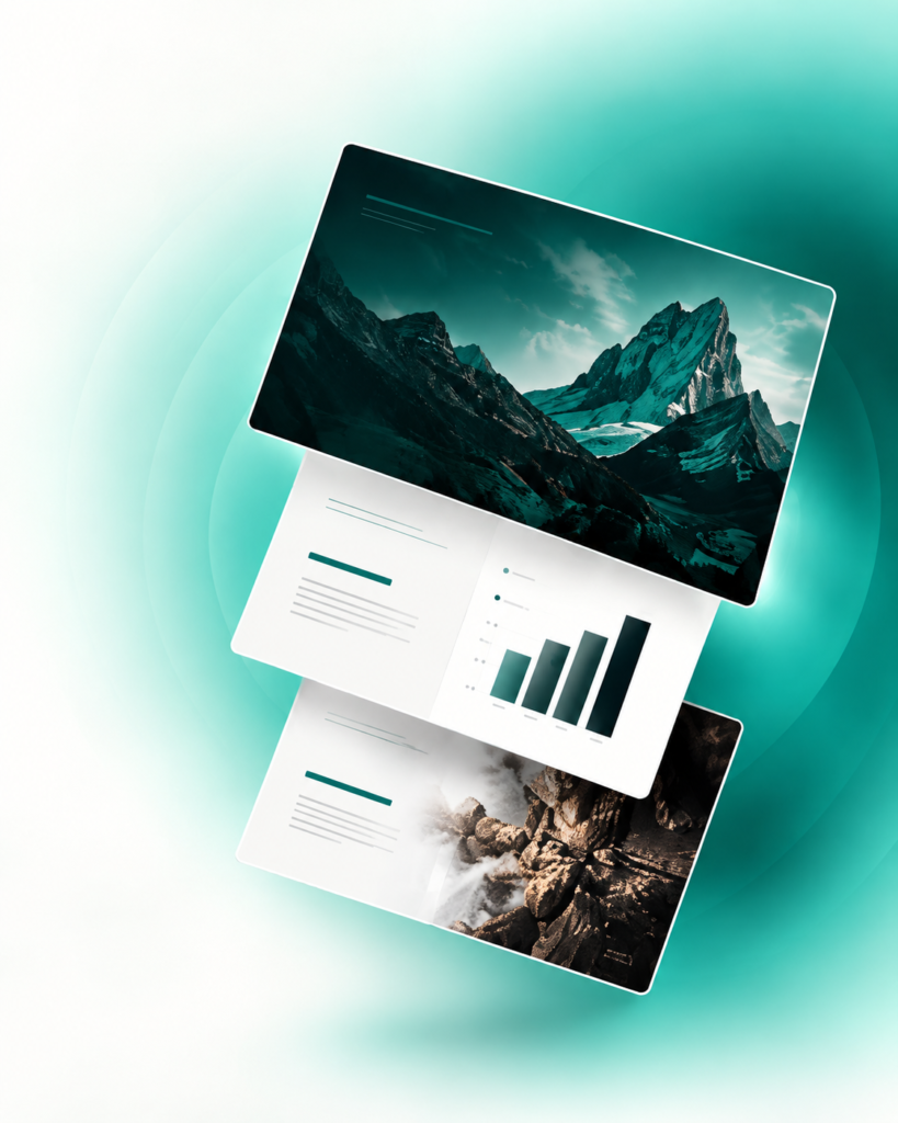 Three presentation slides from a premium business deck, layered over a soft teal glow