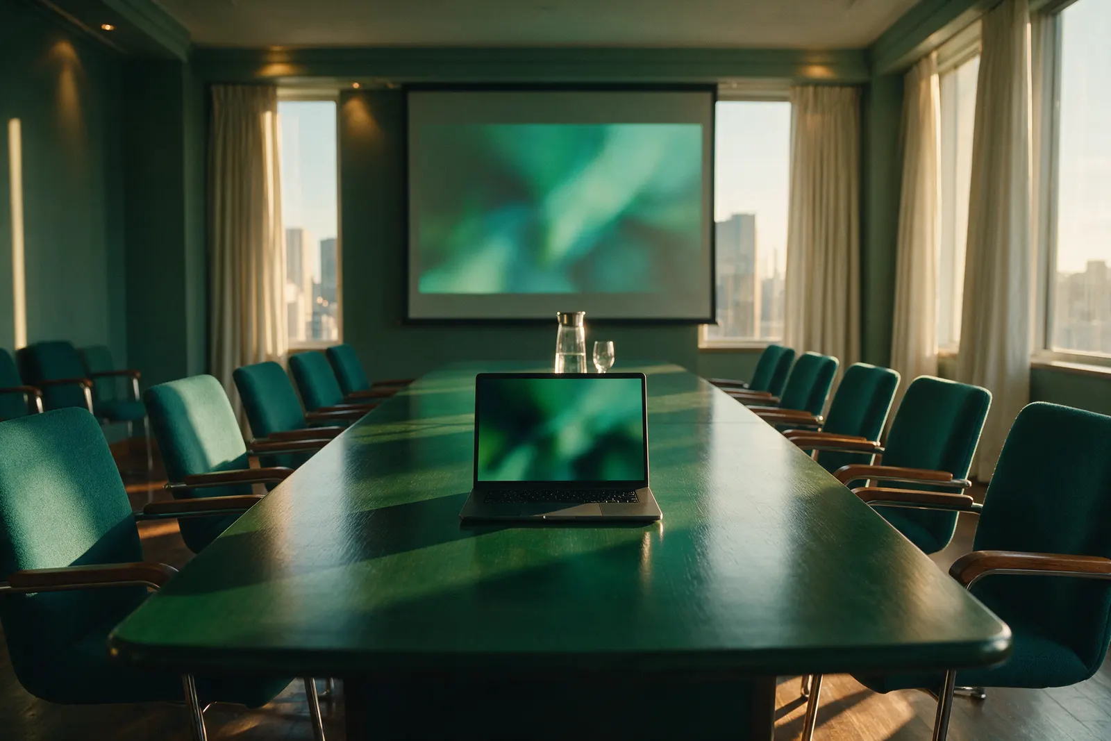 Empty boardroom with a glowing presentation screen and an open laptop, moments before a presentation.